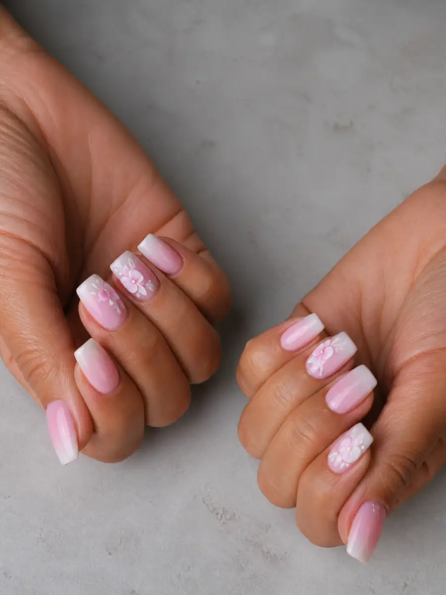 Pink White Flower Nails: pink to white ombre, pink white flower