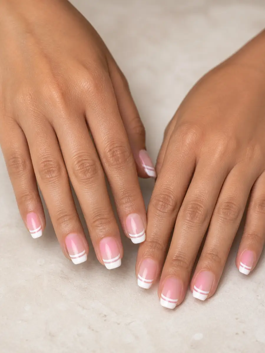 Double White Tip Pink Nails: pink to white ombre, double white tip pink