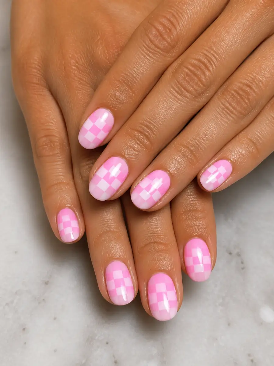 Bubblegum Checker Nails: pink to white ombre, bubblegum checker