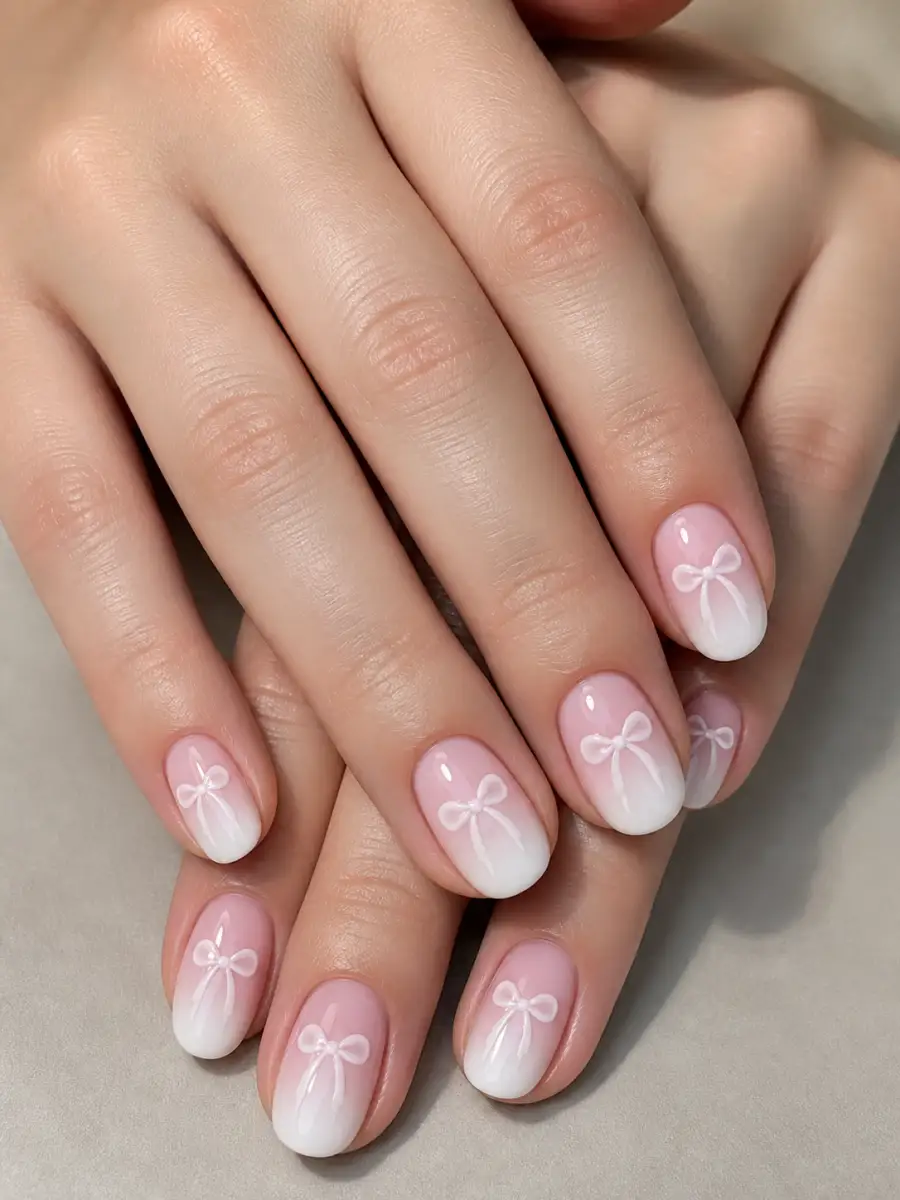 White Bow Pink Nails: pink to white ombre, white bow pink