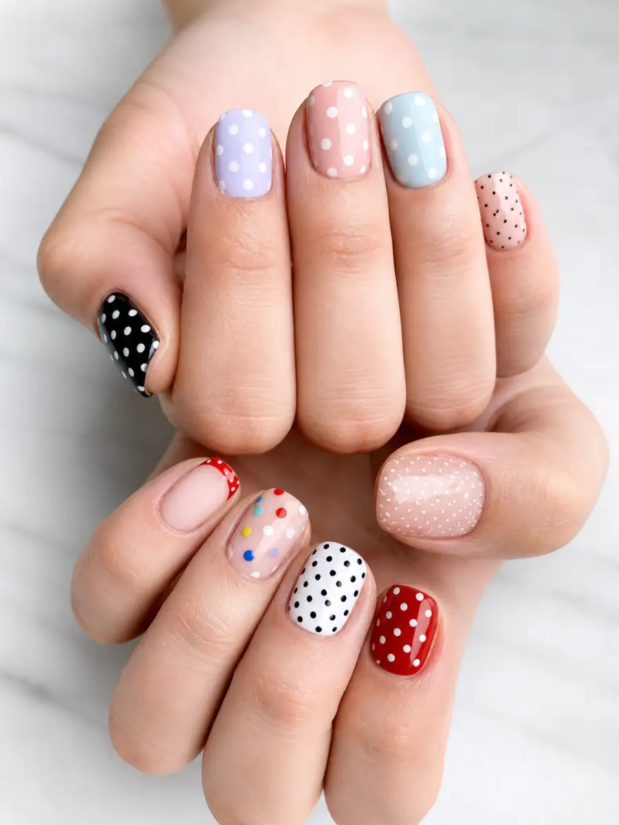 Black White Polka Dot Nails: square, polka dots, black white polka dot