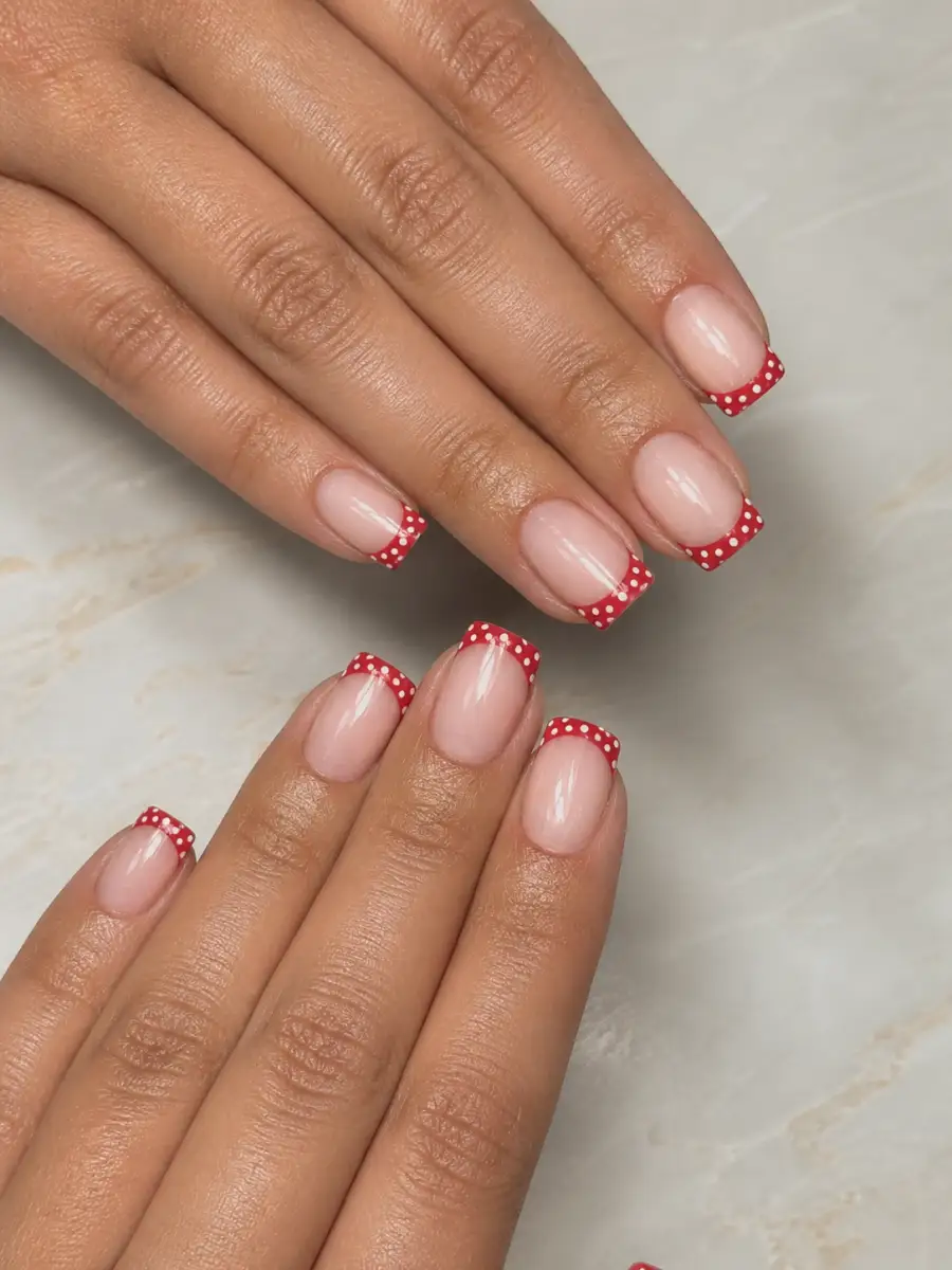 Red Dot French Tips: square, polka dots, red dot french tips