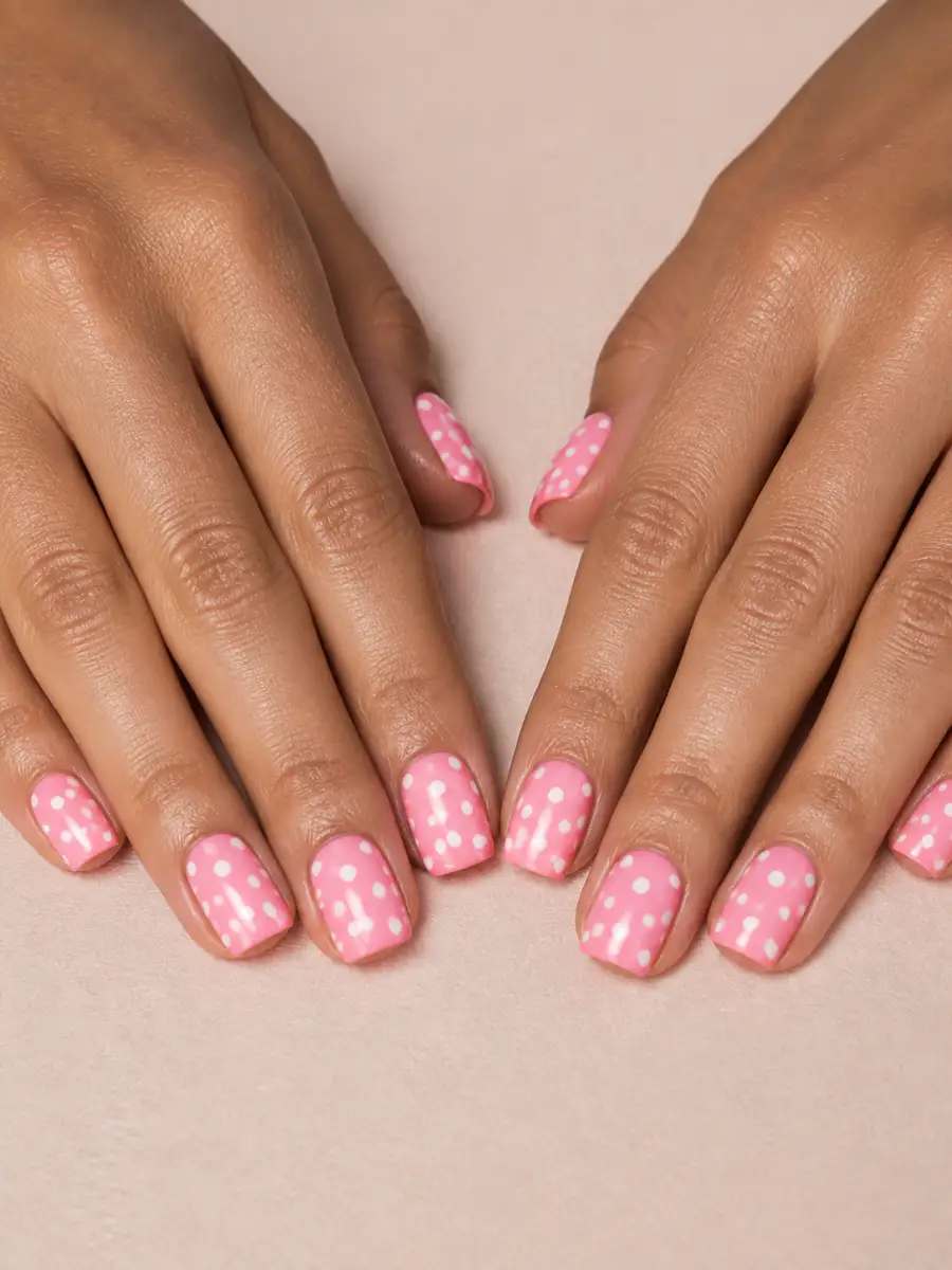 Pink White Dot Nails: square, polka dots, pink white dot