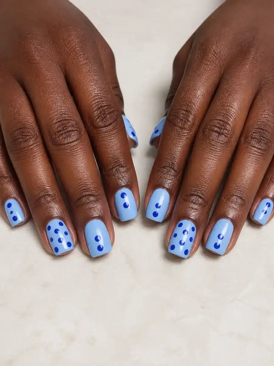 Blue Polka Dot Nails: square, polka dots, blue polka dot