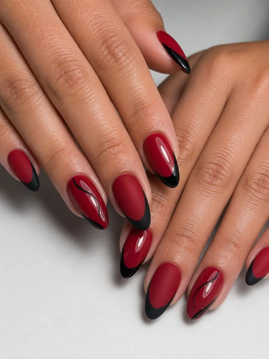 Red Black French Tips: deep red and black, one matte, red black french tips