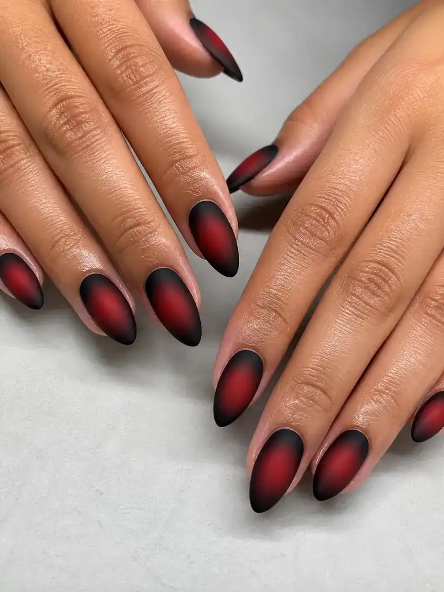Crimson Aura Nails: deep red and black, one matte, crimson aura