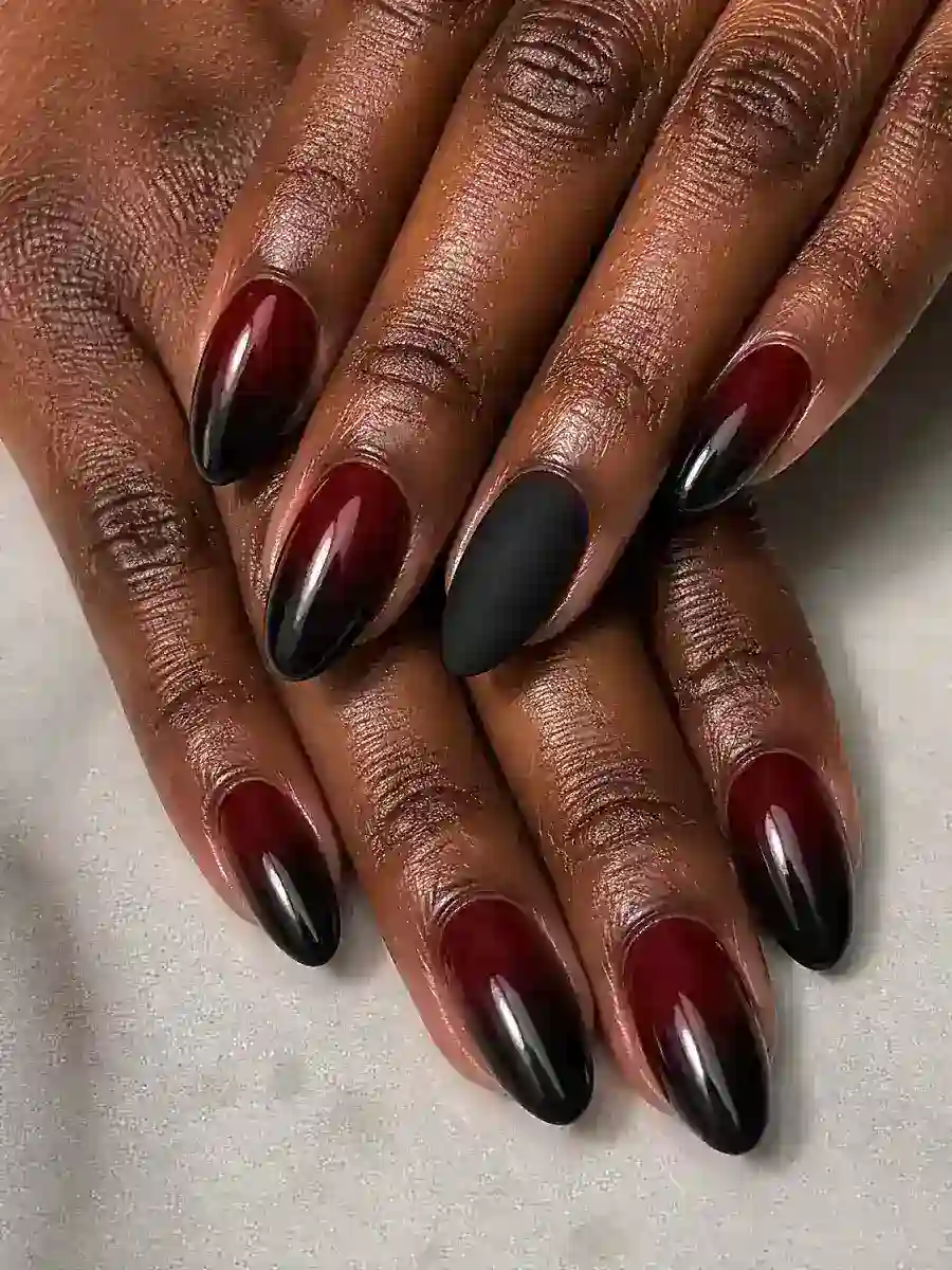 Black Cherry Ombre Nails: deep red and black, one matte, black cherry ombre