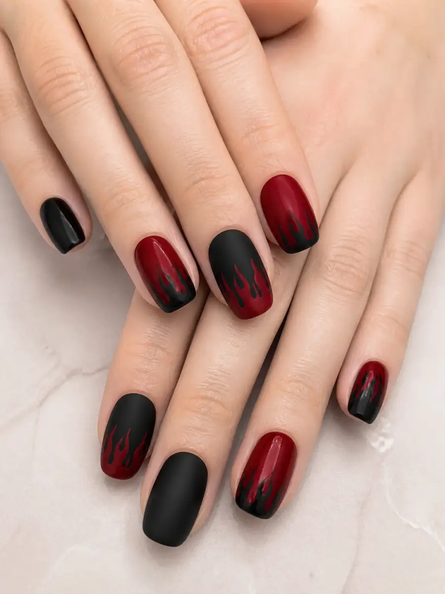 Red Black Flame Nails: deep red and black, one matte, red black flame