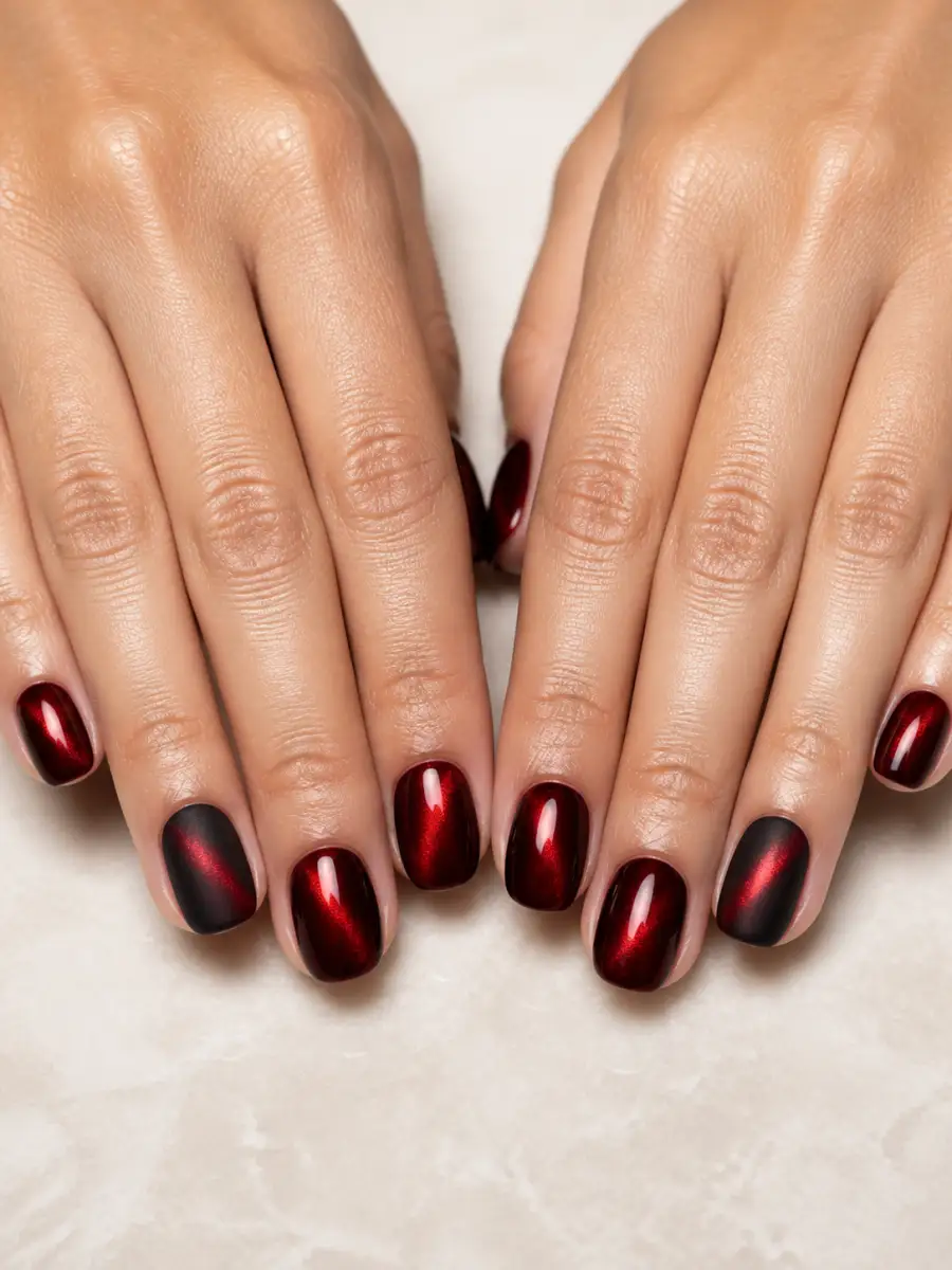 Ruby Cat Eye Nails: deep red and black, one matte, ruby cat eye