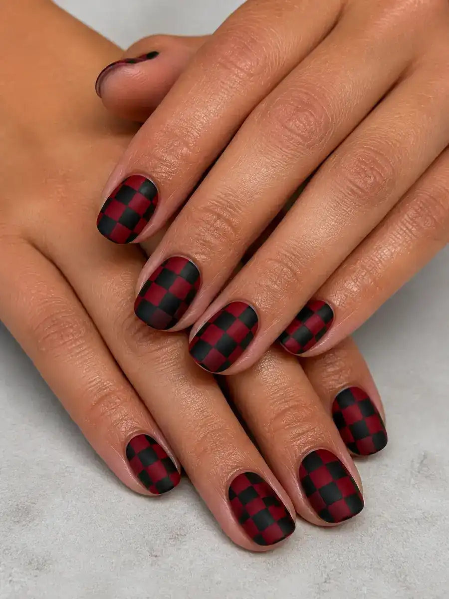 Red Black Checker Nails: deep red and black, one matte, red black checker