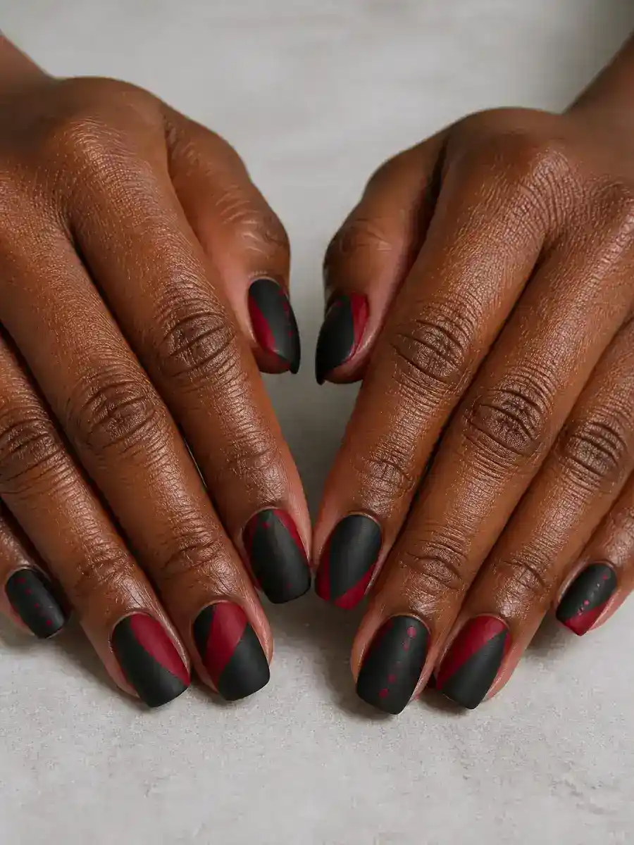 Matte Black Red Nails: deep red and black, one matte, matte black red