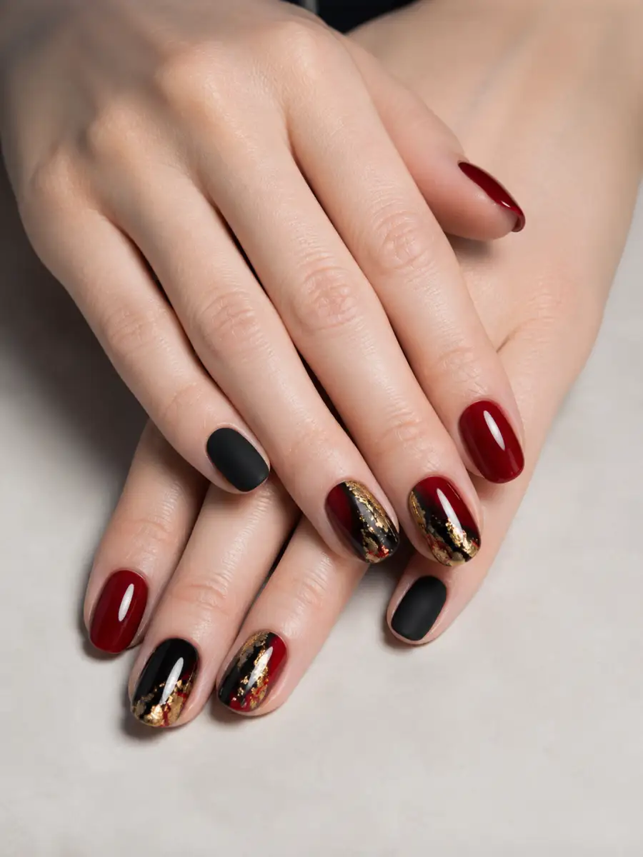 Red Gold Black Nails: deep red and black, one matte, red gold black