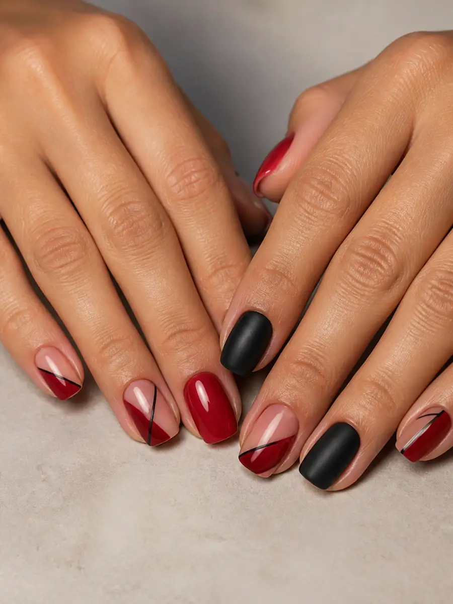Negative Space Red Nails: deep red and black, one matte, negative space red