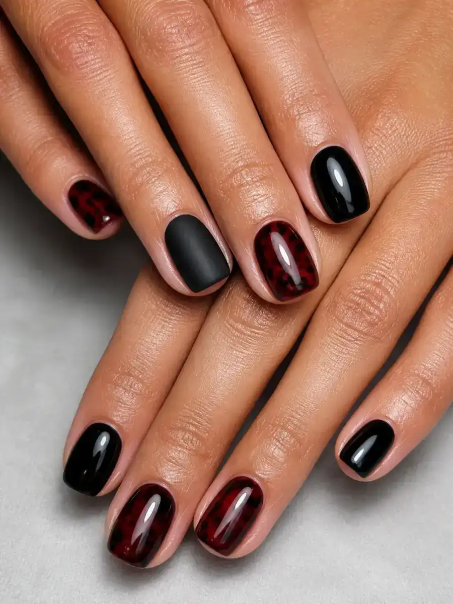 Red Black Tortoiseshell Nails: deep red and black, one matte, red black tortoiseshell