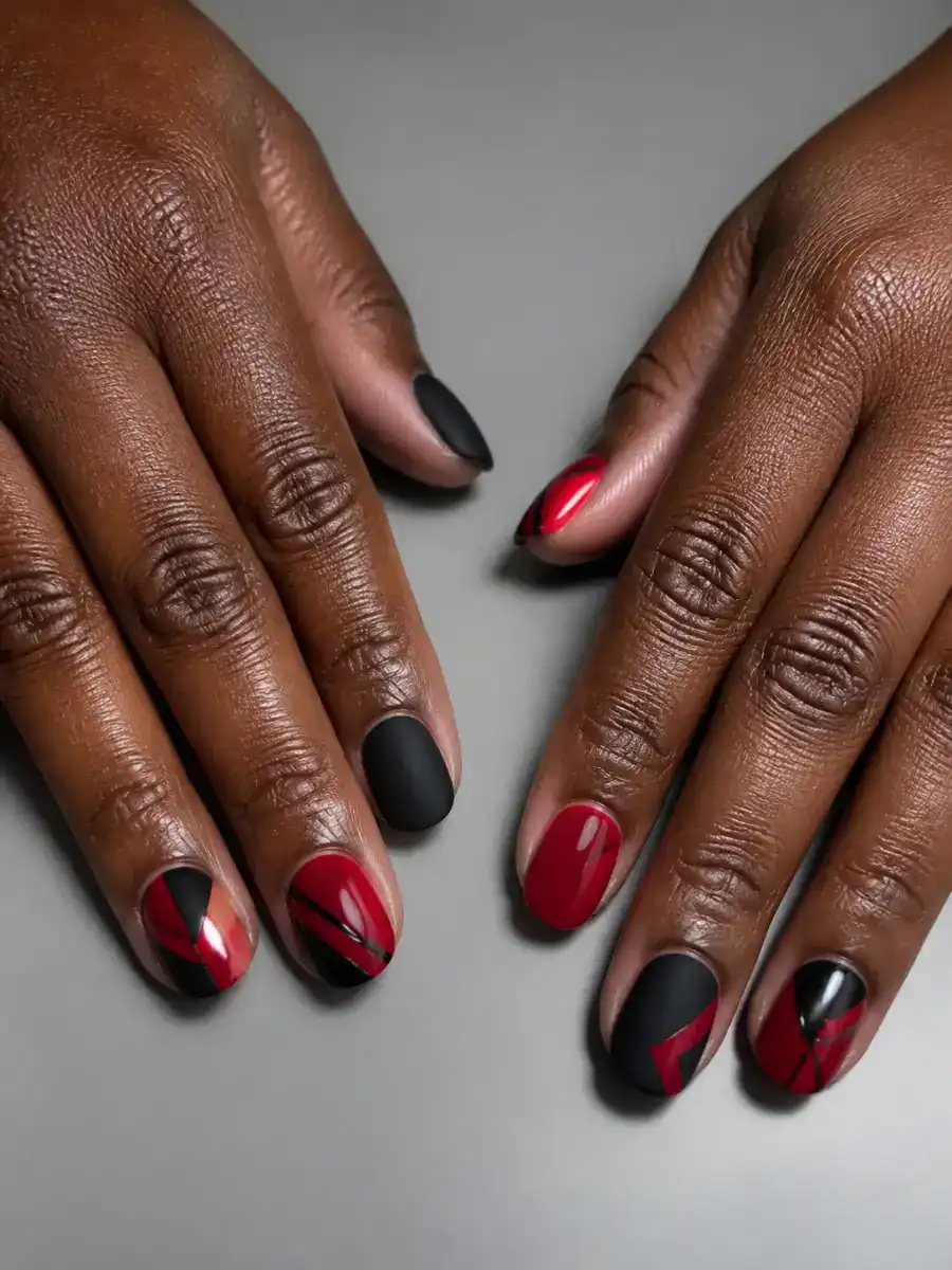 Graphic Red Black Nails: deep red and black, one matte, graphic red black