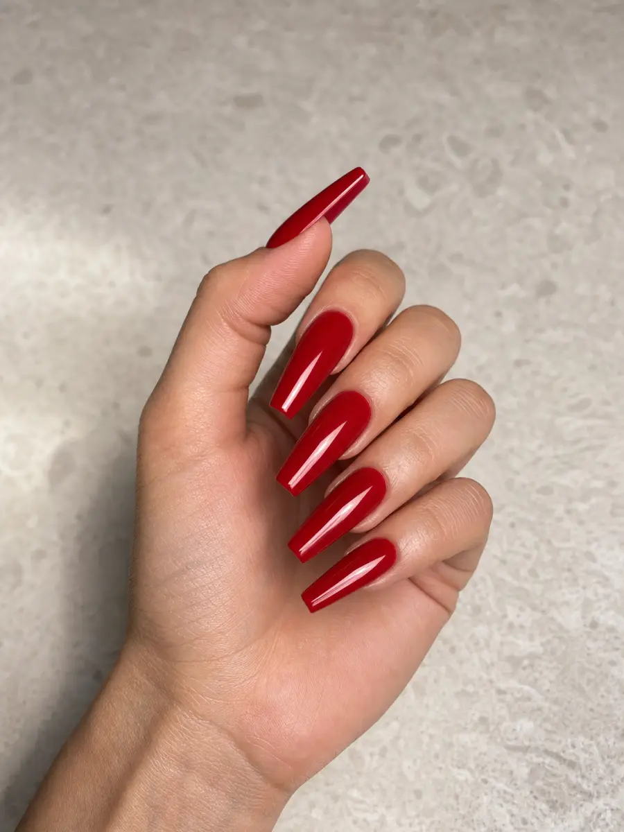 Cherry Red Coffin Nails: long coffin, classic cherry red gel