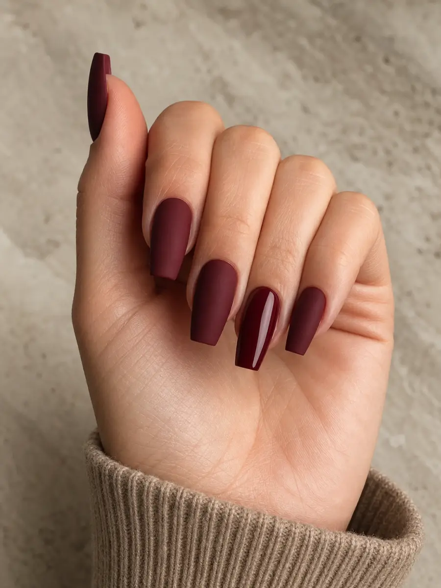 Matte Burgundy Coffin Nails: medium coffin, deep burgundy matte finish