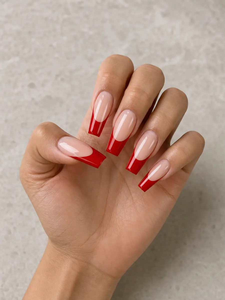 Red French Coffin Nails: long coffin, sheer nude base with red French tips