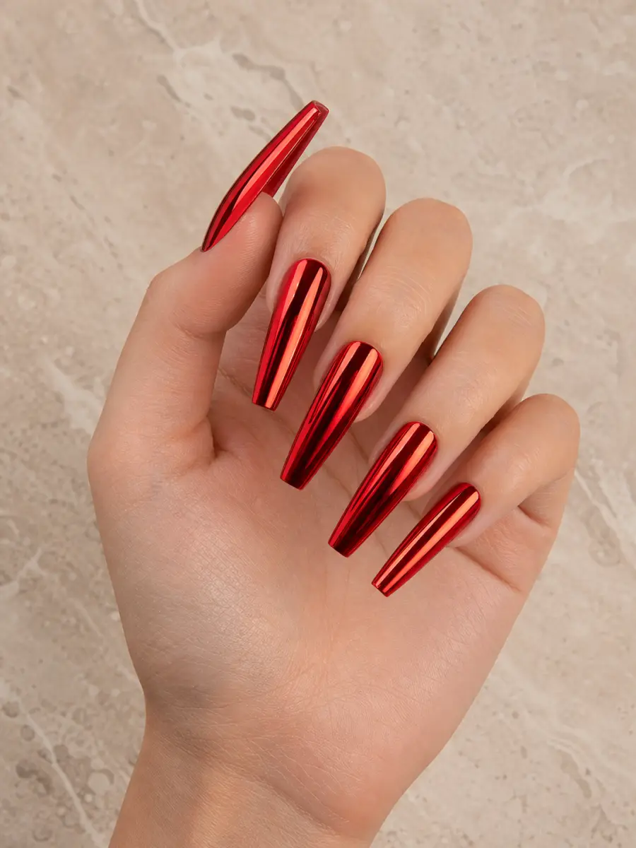Red Chrome Coffin Nails: long coffin, candy apple red mirror chrome