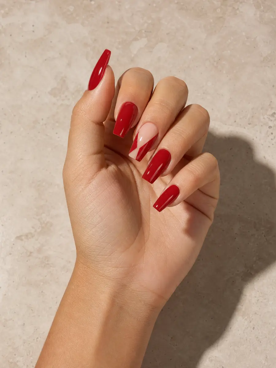 Graphic Red Coffin Nails: medium coffin, crimson with nude diagonal accents