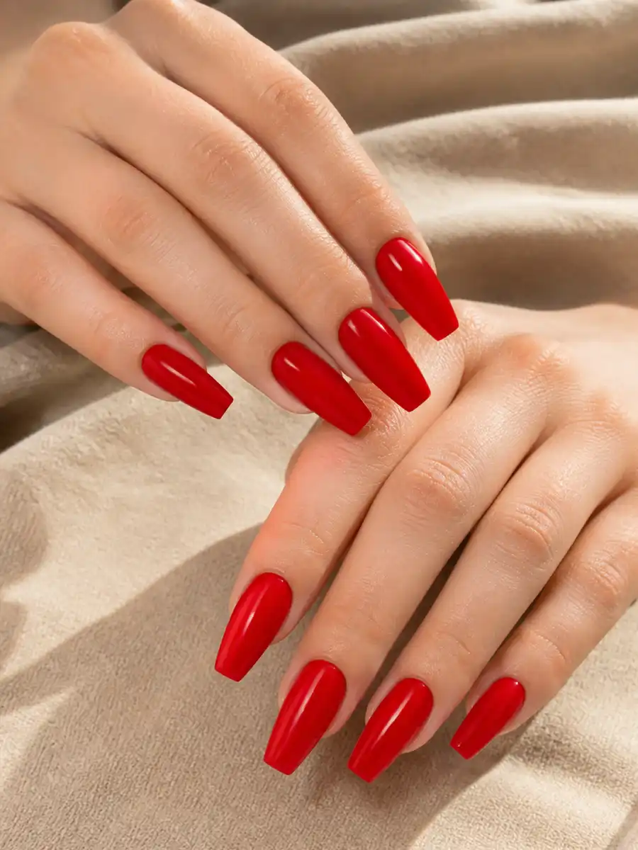Glossy Red Coffin Nails: red coffin, glossy top coat