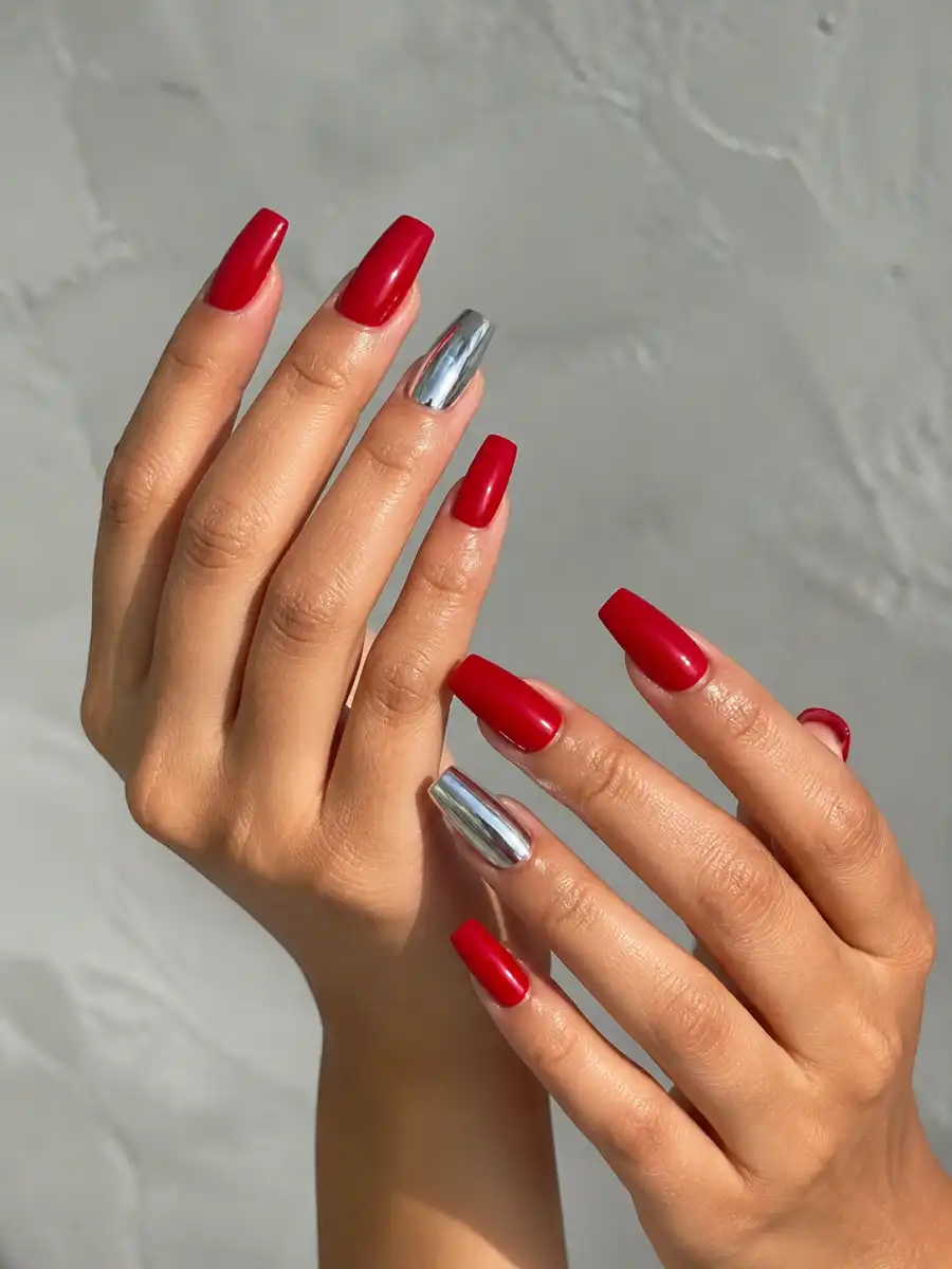 Chrome Accent Red Coffin Nails: red coffin, one chrome accent nail