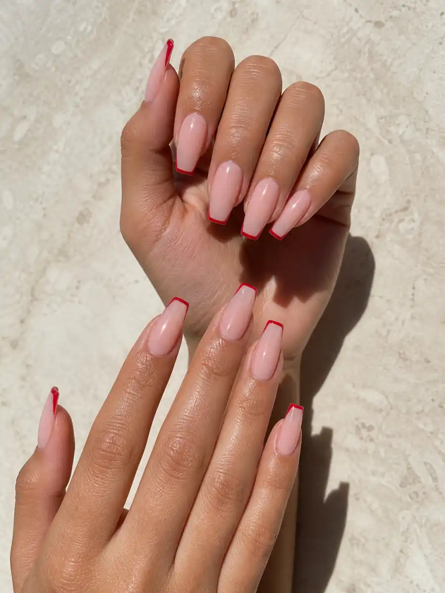 Micro French Red Coffin Nails: red coffin, micro french tip
