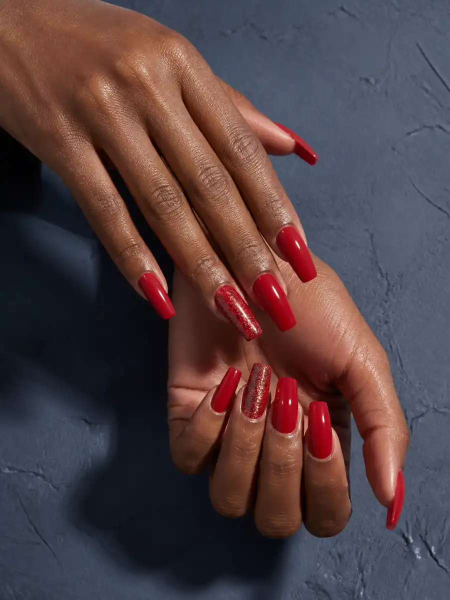 Glitter Accent Red Coffin Nails: red coffin, glitter accent nail