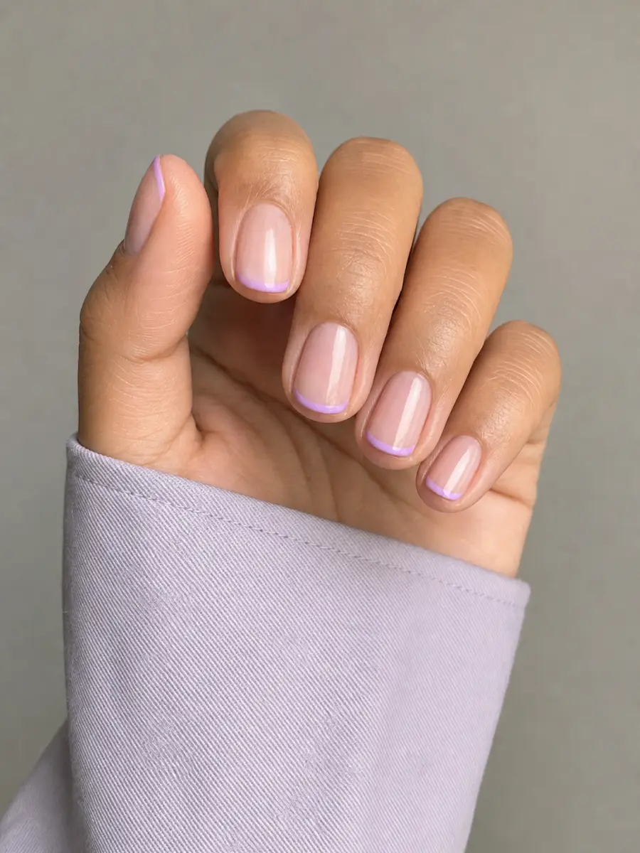 Lilac French Tips on Short Nails: short round, lilac french tip, glossy finish