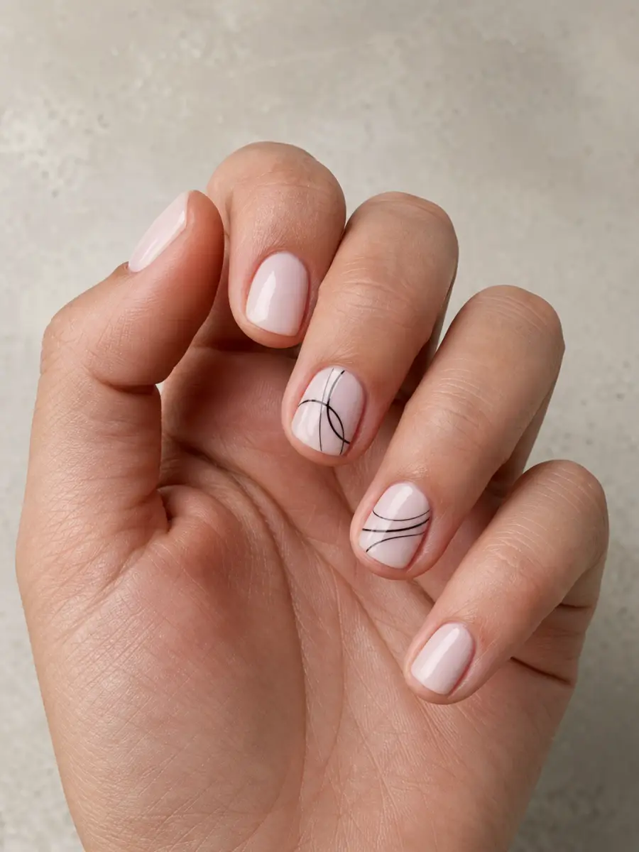 Line Art Short Gel Nails: short square, milky pink gel with black line art