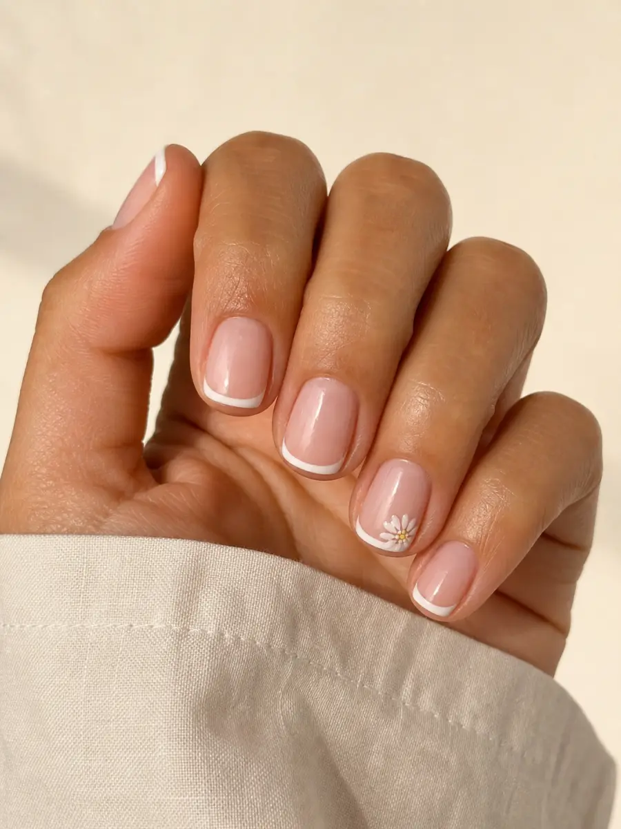 Floral Short Gel Nails: short square, white French gel with flowers
