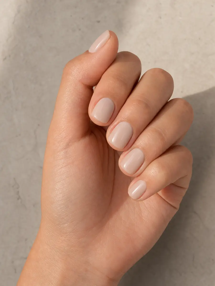 Short Nude Square Nails: very short square, creamy beige nude, glossy gel