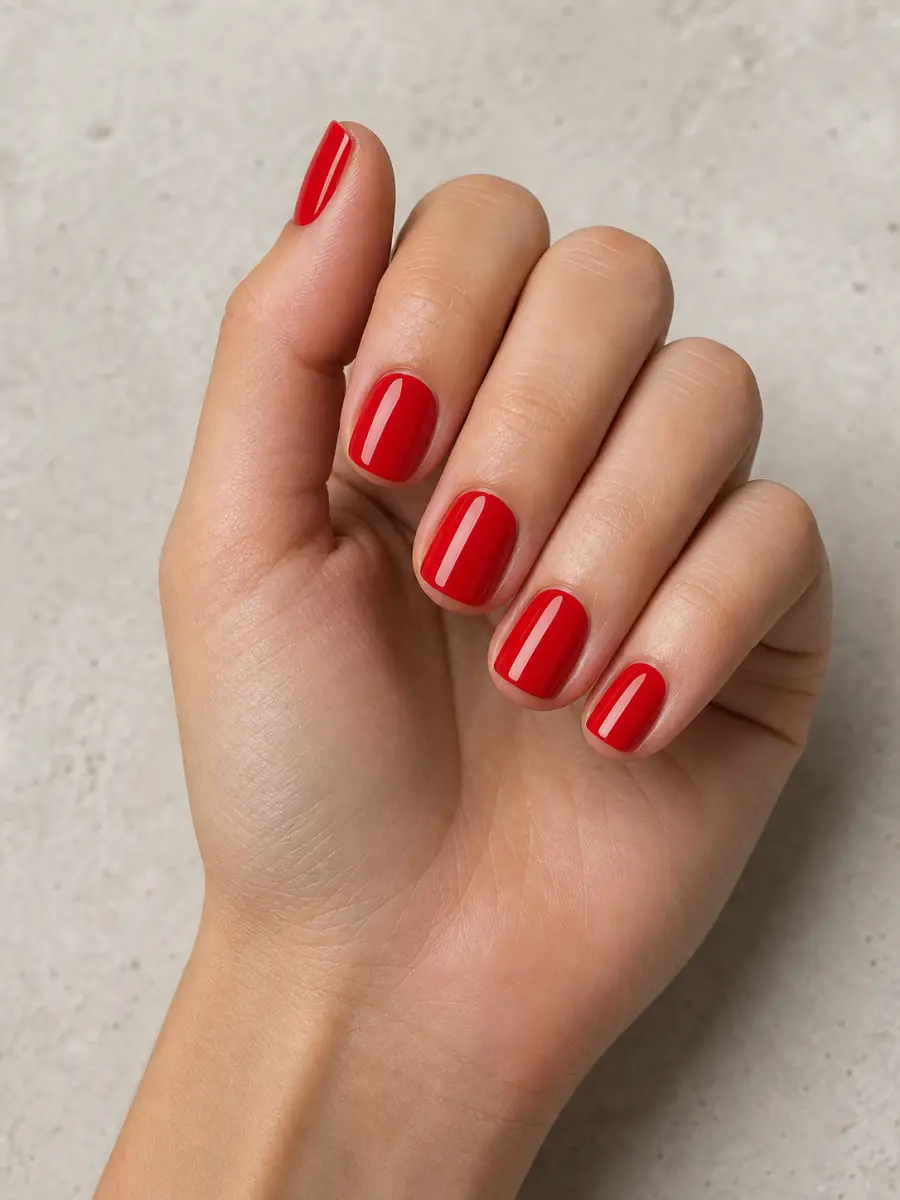 Short Red Square Nails: short square, tomato red, glossy gel
