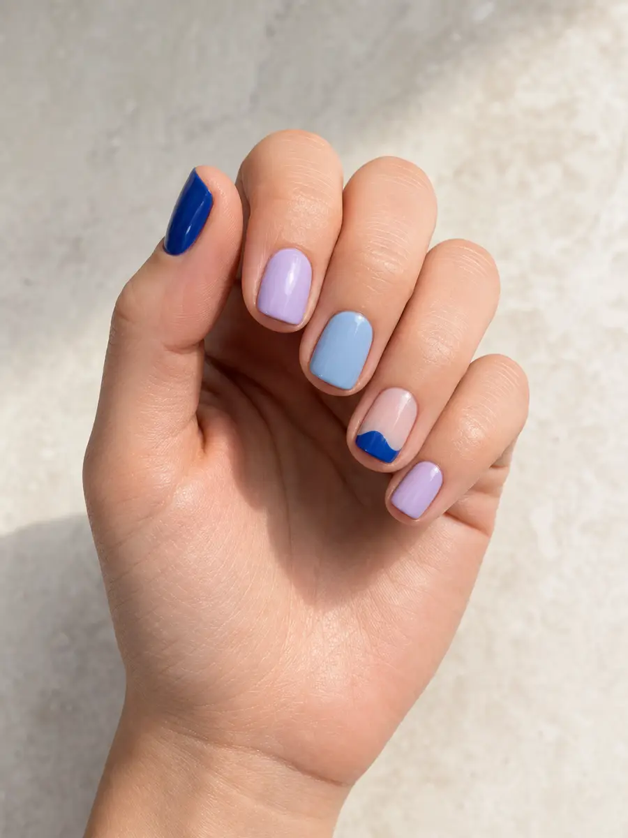 Blue Colour Block Square Nails: short square, cobalt lilac and sky blue blocks