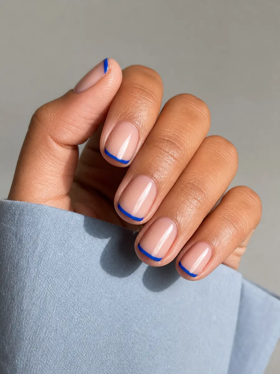 Blue French Square Nails: short square, navy French tip