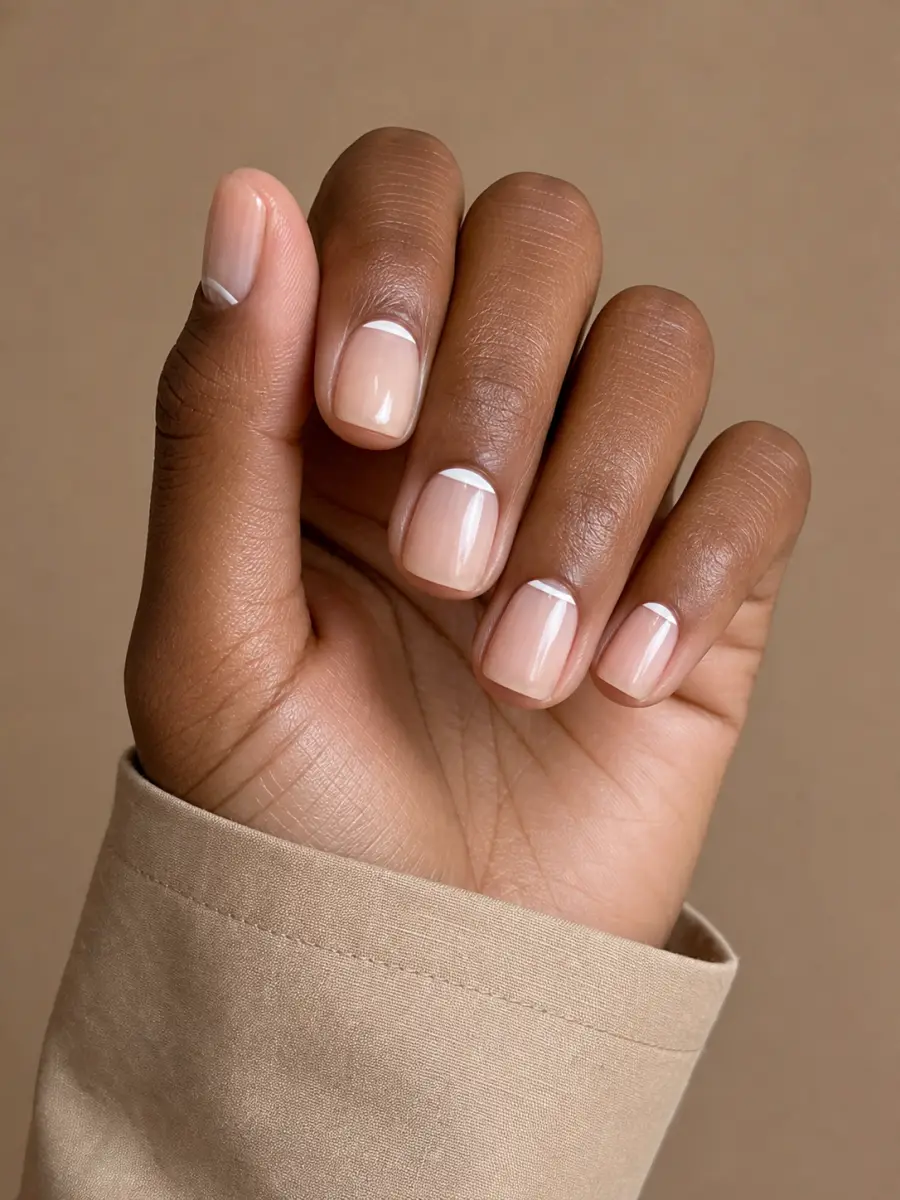 Reverse French Square Nails: short square, white cuticle crescent on nude
