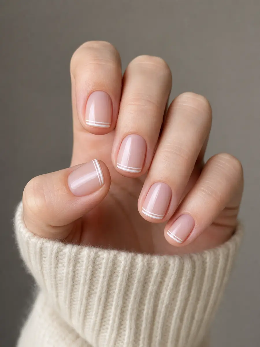 Double Line Square Nails: short square, two fine white tip lines
