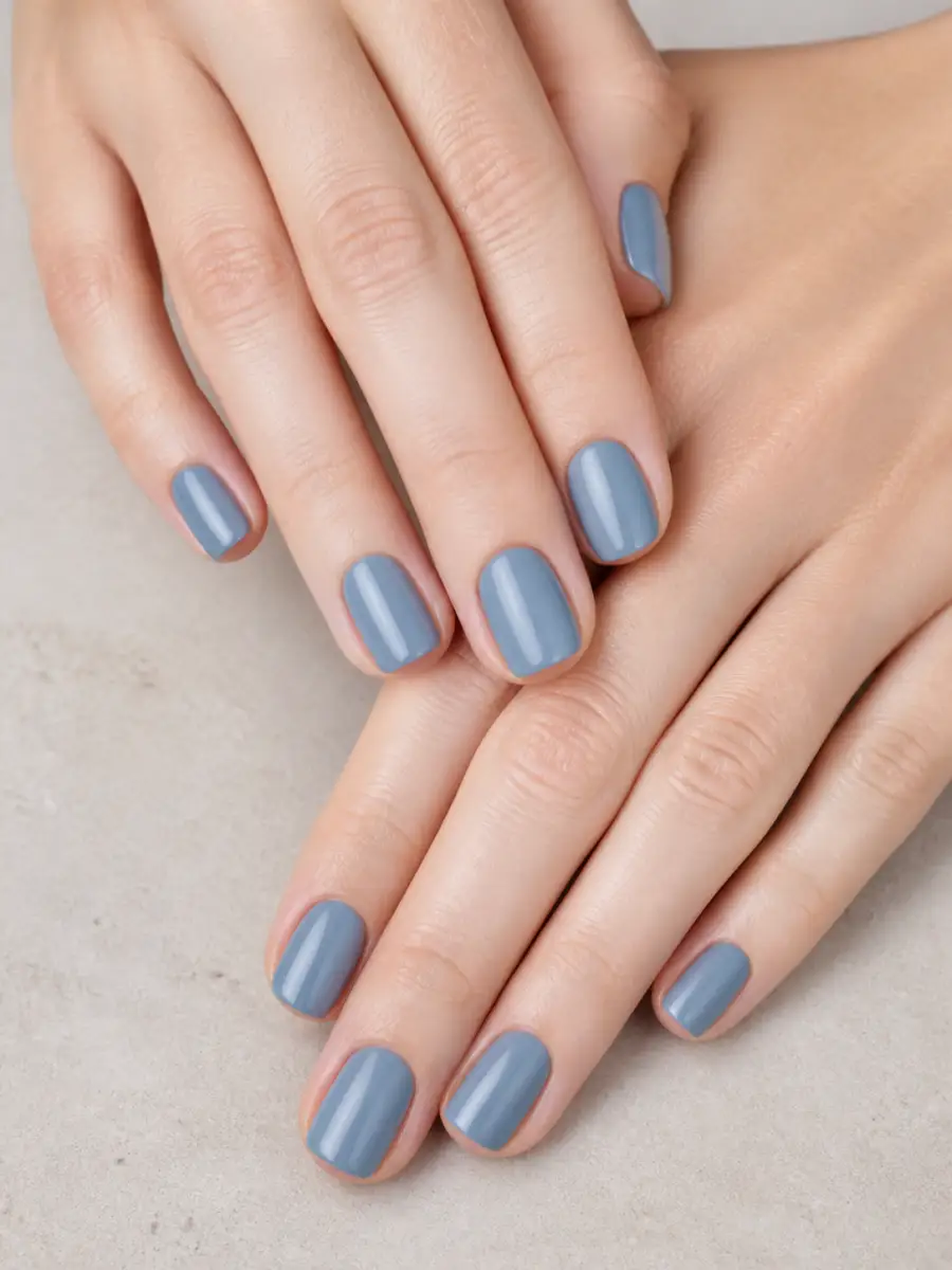 Dusty Blue Squoval Nails: short, single solid shade, dusty blue squoval