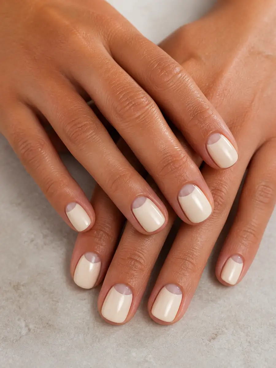 Cream Half Moon Nails: short, single solid shade, cream half moon