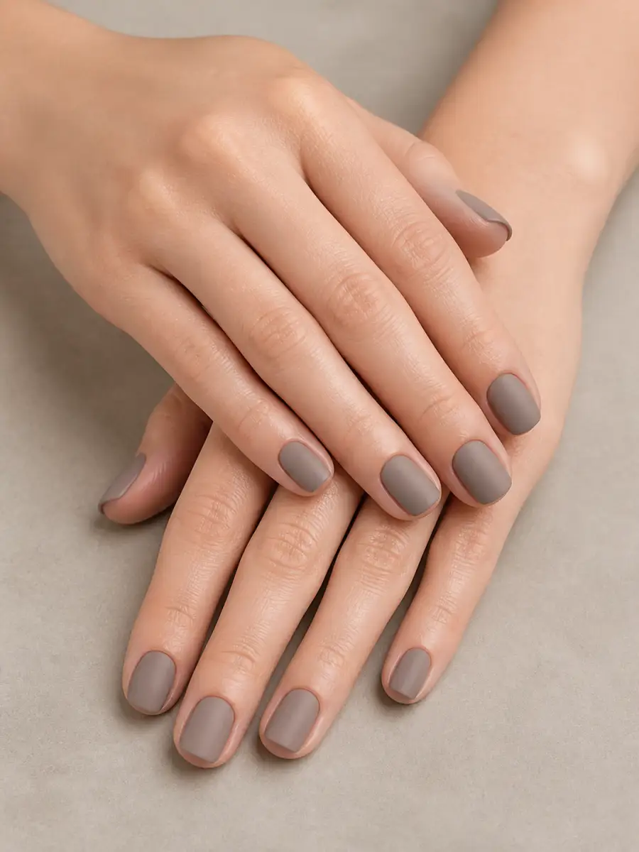 Matte Taupe Nails: short, single solid shade, matte taupe