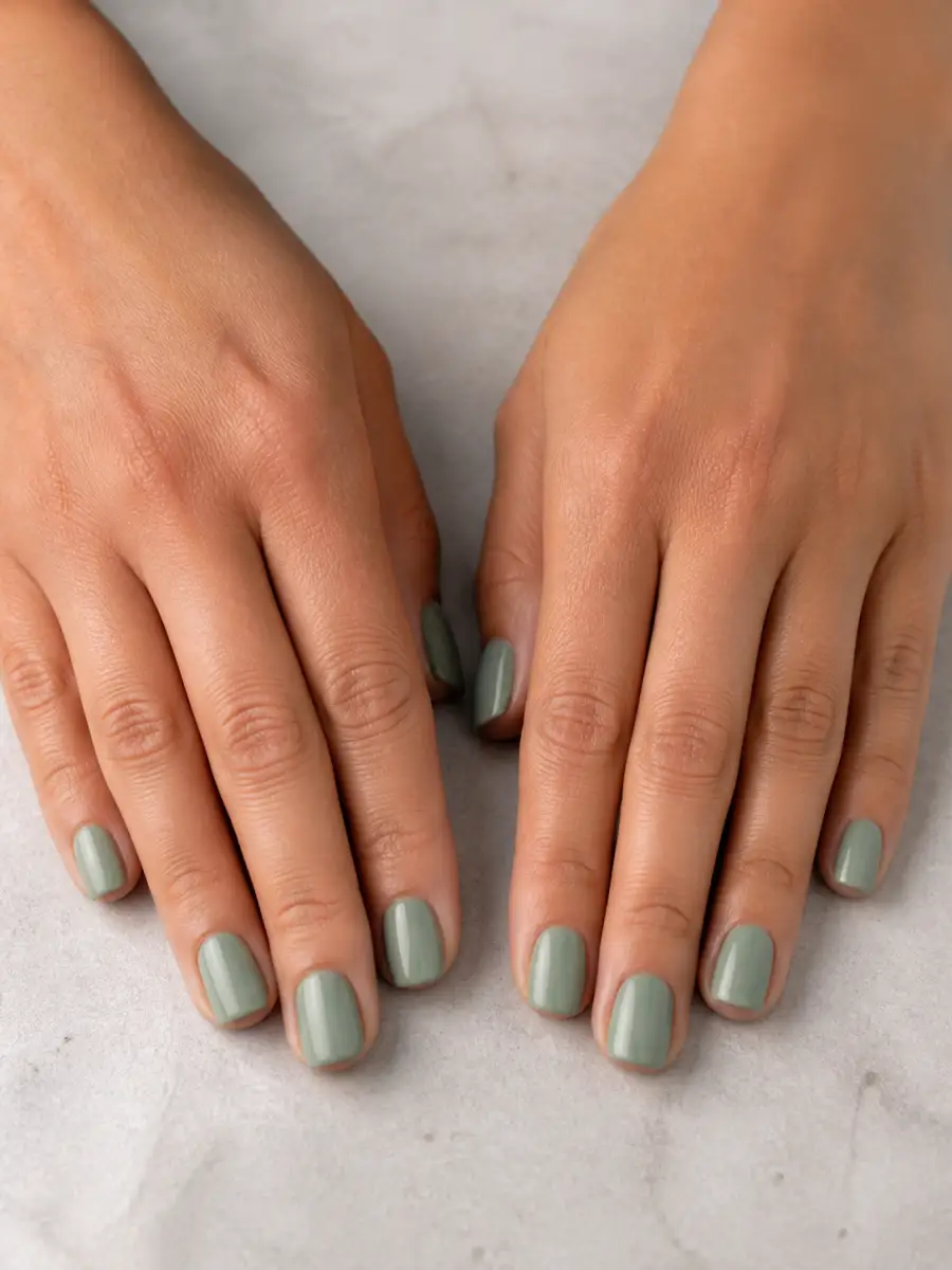 Sage Short Nails: short square, single solid shade, sage short