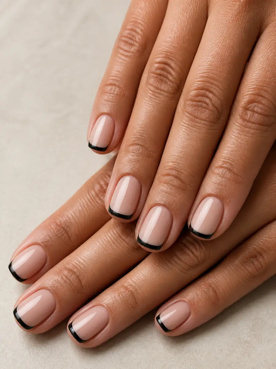 Black Micro French Nails: short square, single solid shade, black micro french
