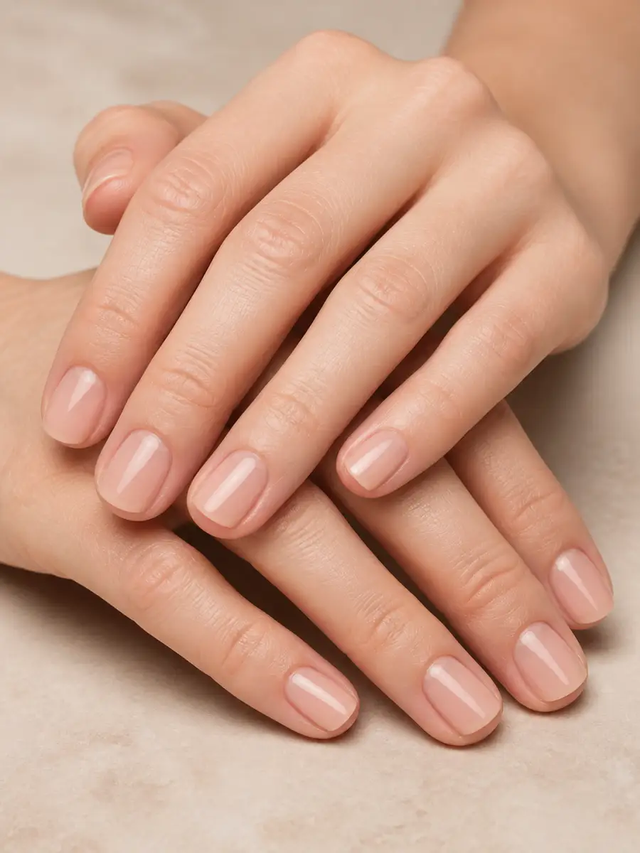 Sheer Nude Short Nails: short square, single solid shade, sheer nude short