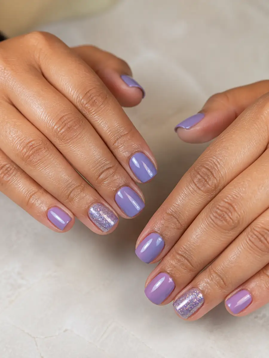 One Glitter Accent Nails: short square, single solid shade, one glitter accent