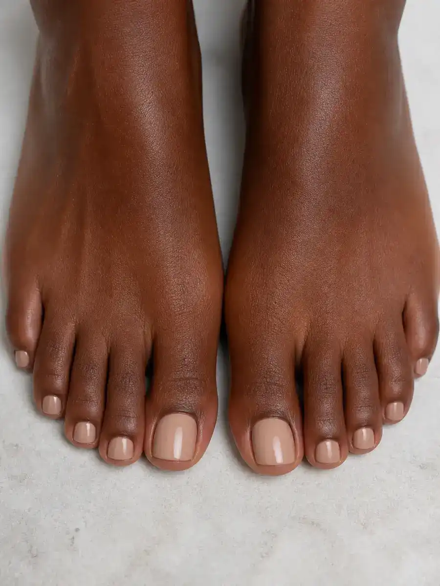 Matte Nude Pedicure: toenails, single solid shade, glossy finish, matte nude pedicure