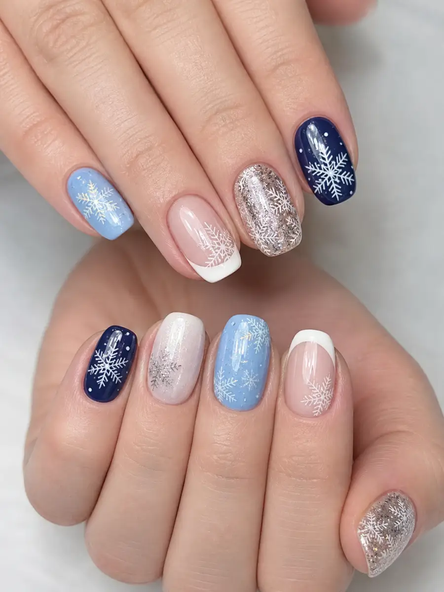 Icy Blue Snowflake Nails: white snowflakes on icy blue base, icy blue snowflake