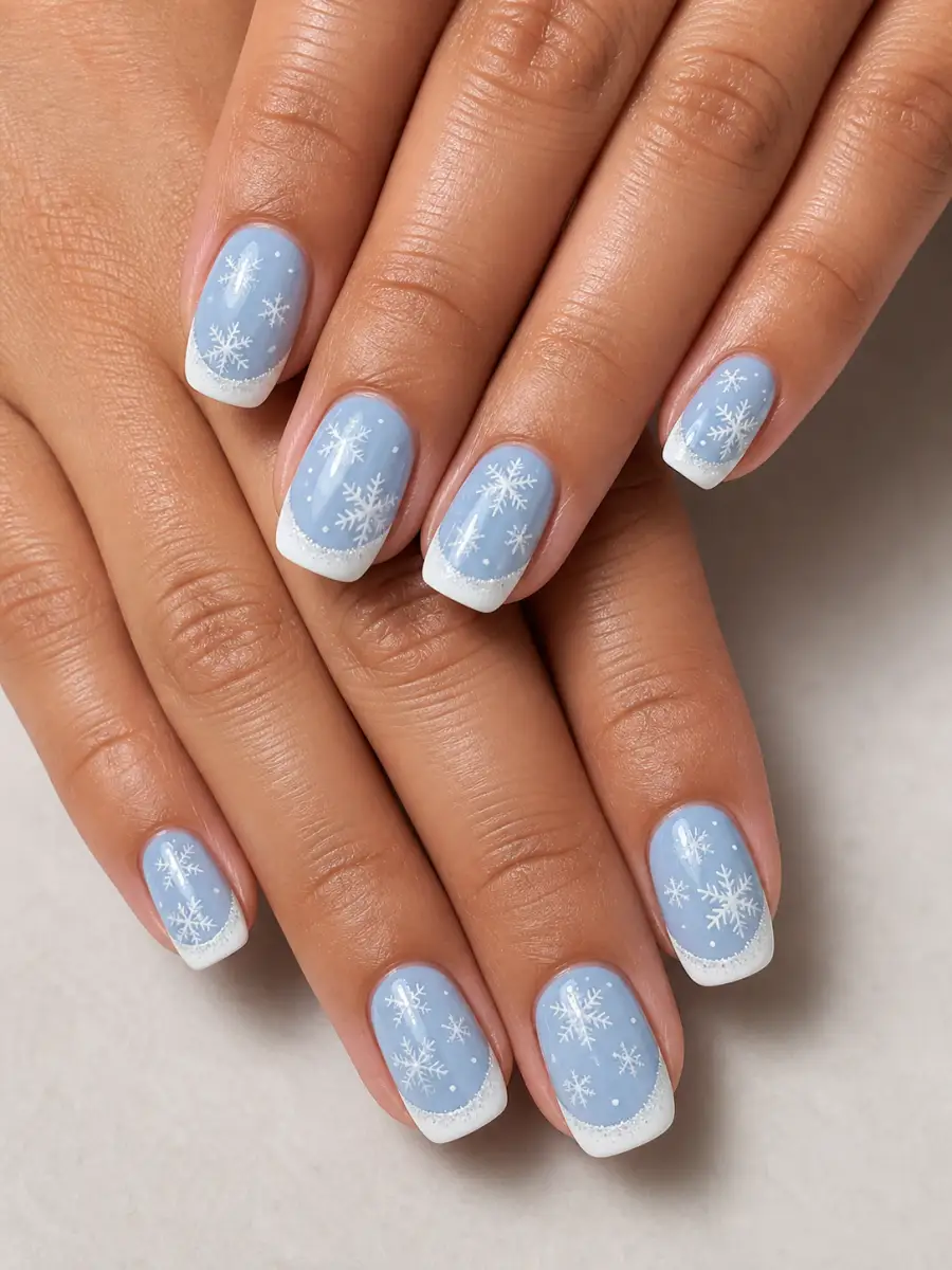 White Snowflake French Tips: white snowflakes on icy blue base, white snowflake french tips