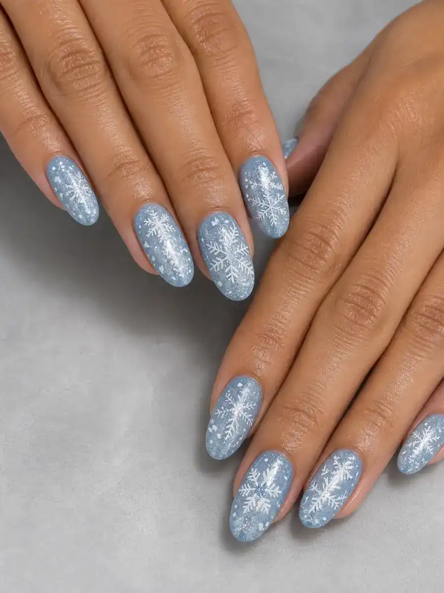 Silver Snowflake Nails: white snowflakes on icy blue base, silver snowflake