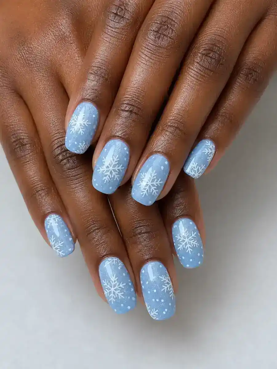 Navy Winter Nails: white snowflakes on icy blue base, navy winter