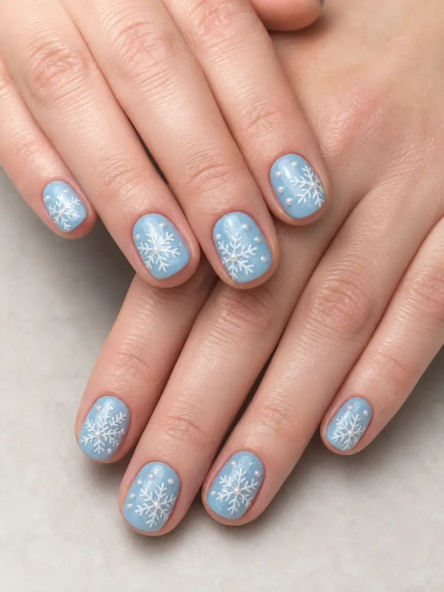 Pearl Snowflake Nails: white snowflakes on icy blue base, pearl snowflake